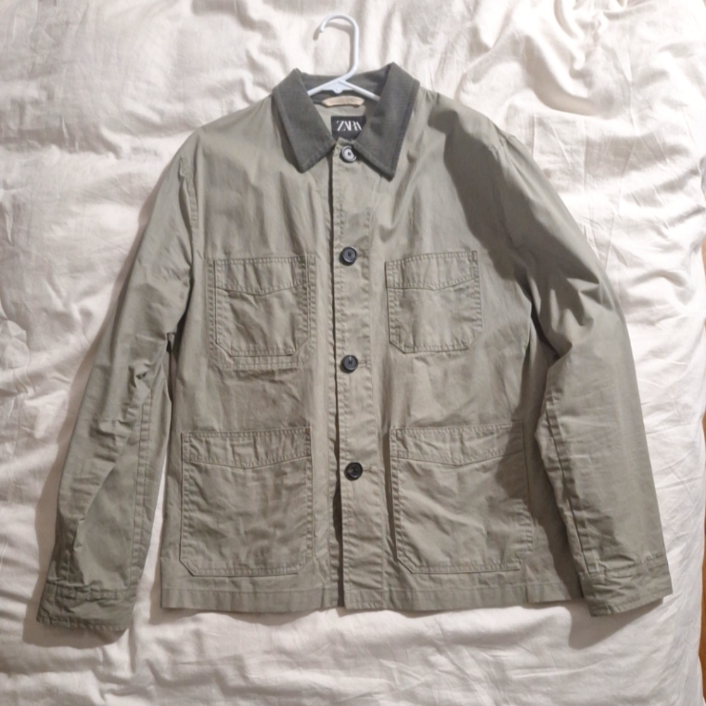NWT ZARA Sage Green Waxed Effect Utility Chore Jacket Overshirt